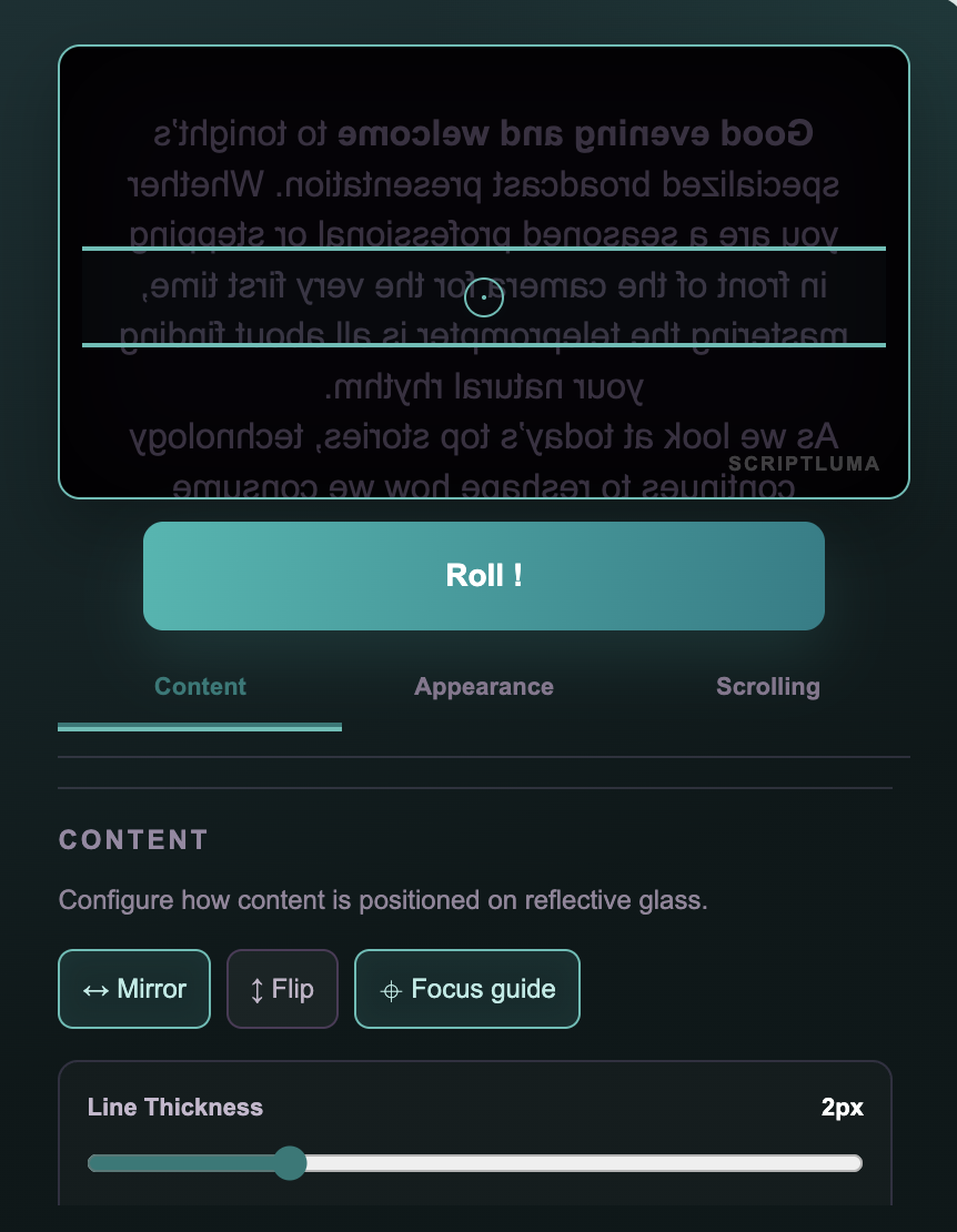 Prompter preview with Roll button and Content settings