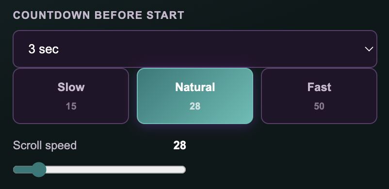 Countdown before start and speed presets