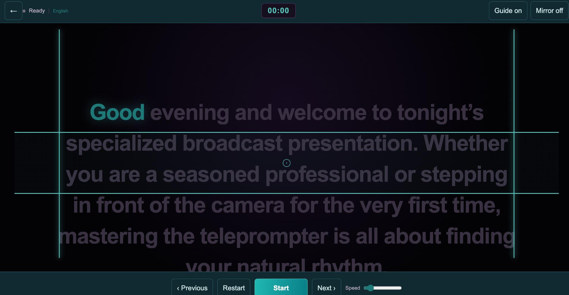 Fullscreen presenter view with focus guide, timer, and transport controls